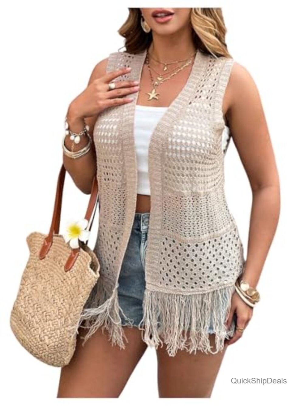 Plus Size Crochet Vest Sleeveless Boho Cardigan Fringe Hem 100% Acrylic